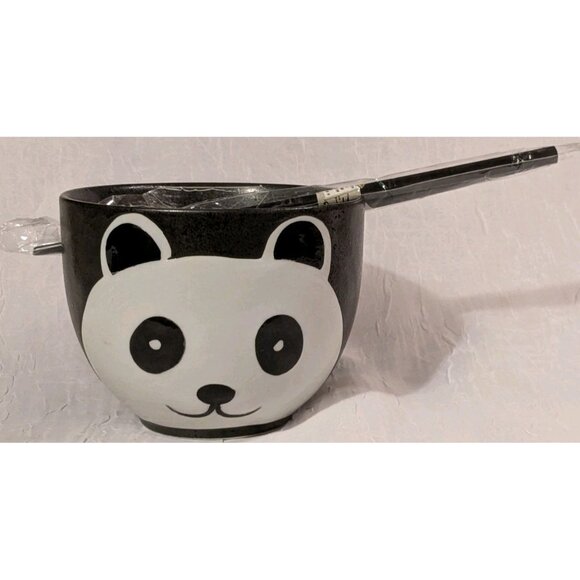 Panda Ramen Noodle Bowl Chopsticks Holder Ceramic Giant Bear Black Soup Cute Set - Picture 9 of 16